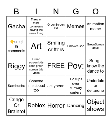 My shorts feed bingo Card