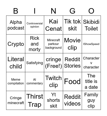 YouTube shorts Bingo Card