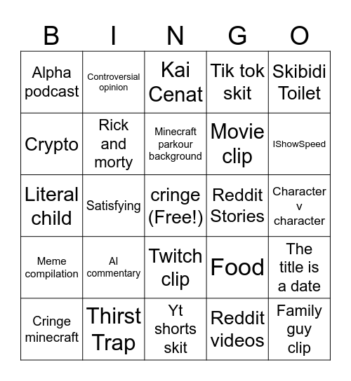 YouTube shorts Bingo Card