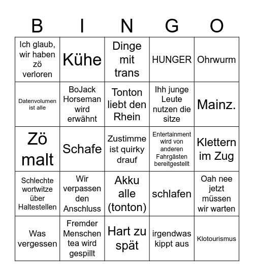 Zug fahren Bingo Card