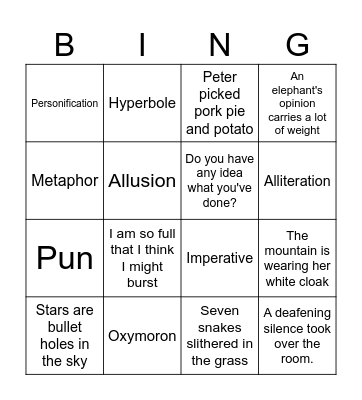 Language Features Bingo Card