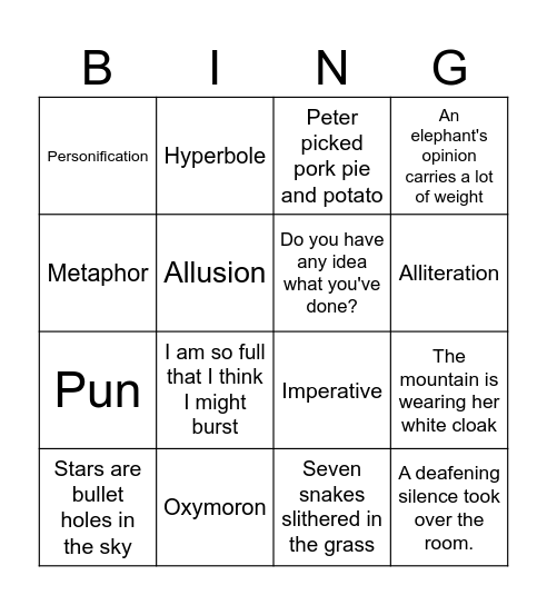 Language Features Bingo Card