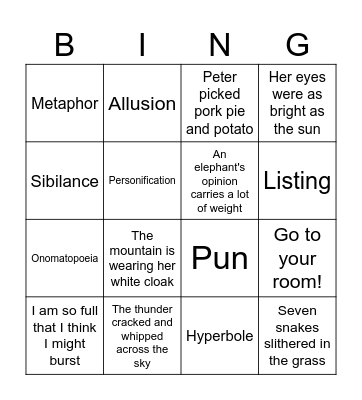 Language Features Bingo Card