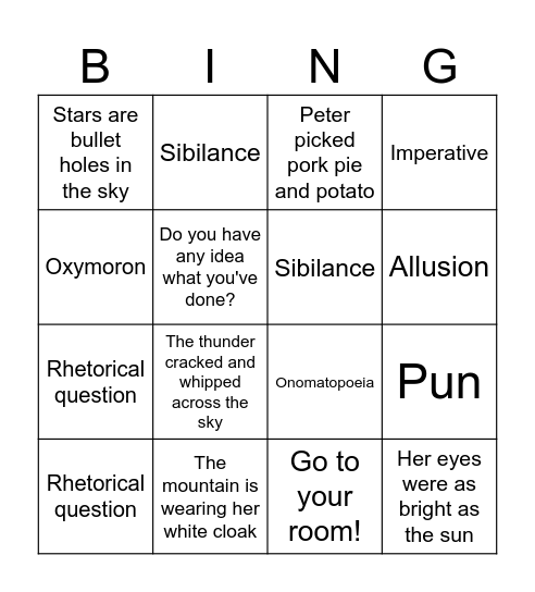 Language Features Bingo Card