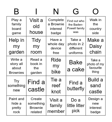 Brownie Summer challenge Bingo Card