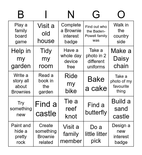 Brownie Summer challenge Bingo Card