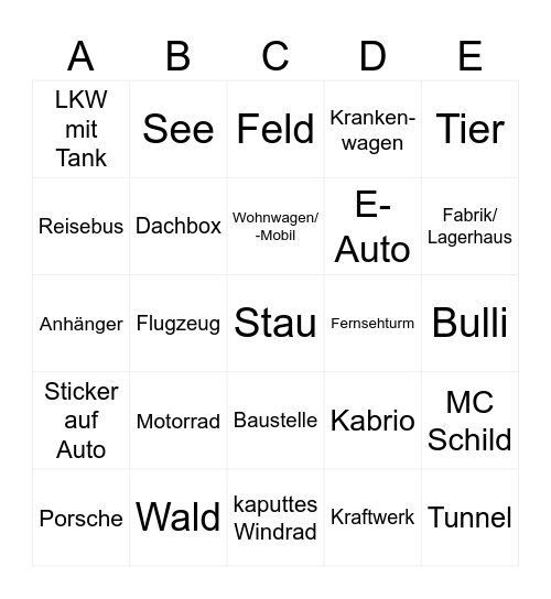 Auto-Fahrt-Bingo Card