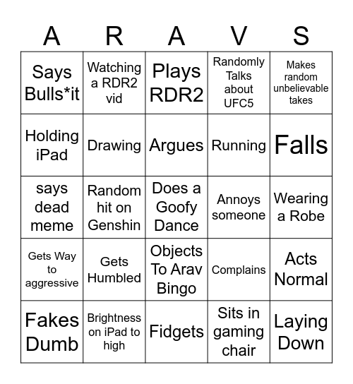 Arav Bingo Card