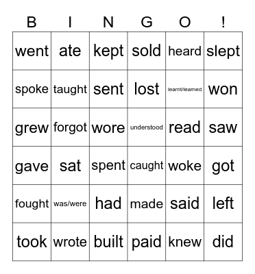 Irregular Verbs Bingo Card