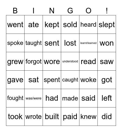 Irregular Verbs Bingo Card