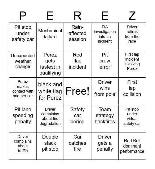 F1 manger bigo Bingo Card