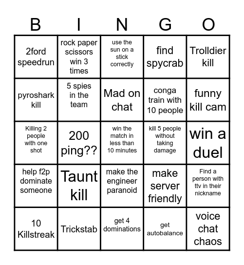 Team Fortress 2 bingo Card