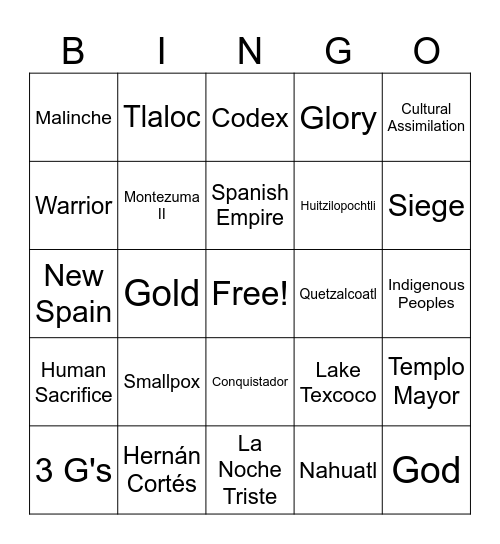 Spanish Conquest of the Aztec Empire Bingo Card