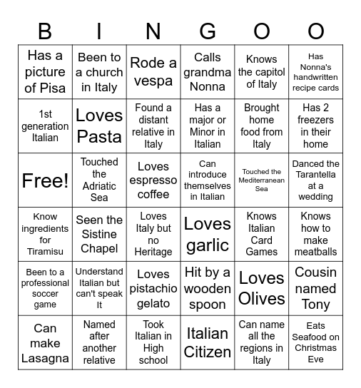 Italian Heritage Bingo Card