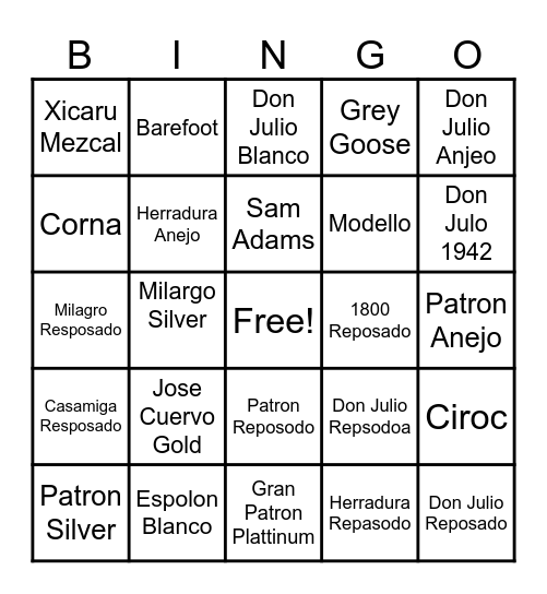 Tequila Bingo Card