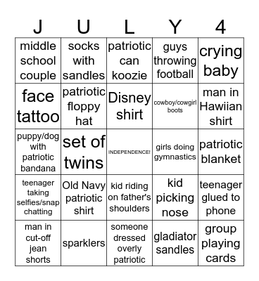 4th of July Fireworks Bingo Card