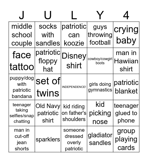4th of July Fireworks Bingo Card