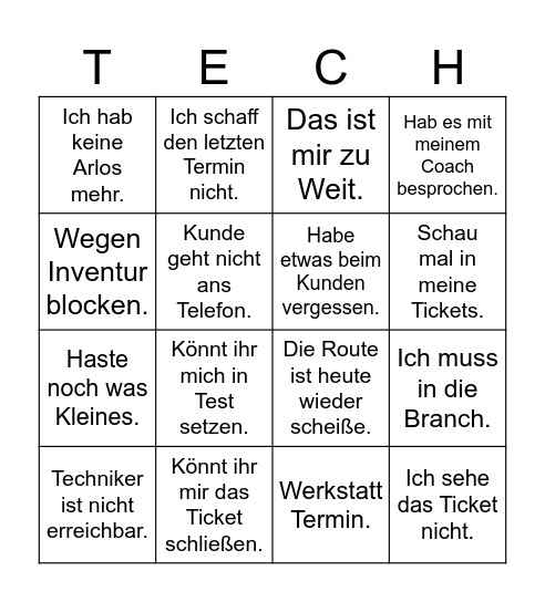 Techniker Bingo Card