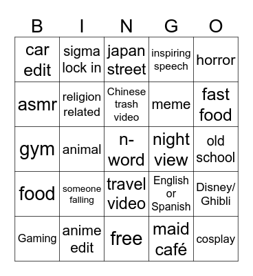 instagram Bingo Card