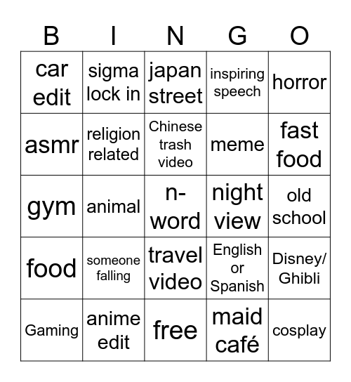 instagram Bingo Card