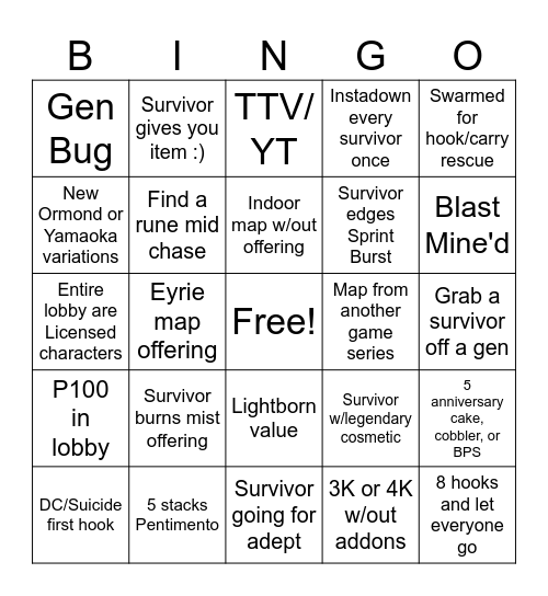 DBD KILLER BINGO Card