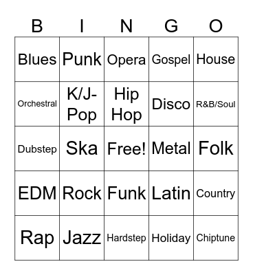 Tolerated Music Genres Bingo Card