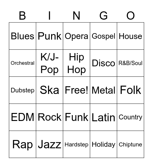 Tolerated Music Genres Bingo Card