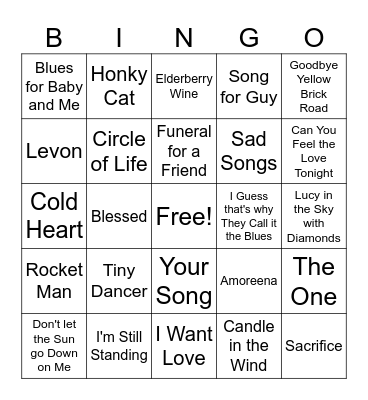 Elton John Bingo Card