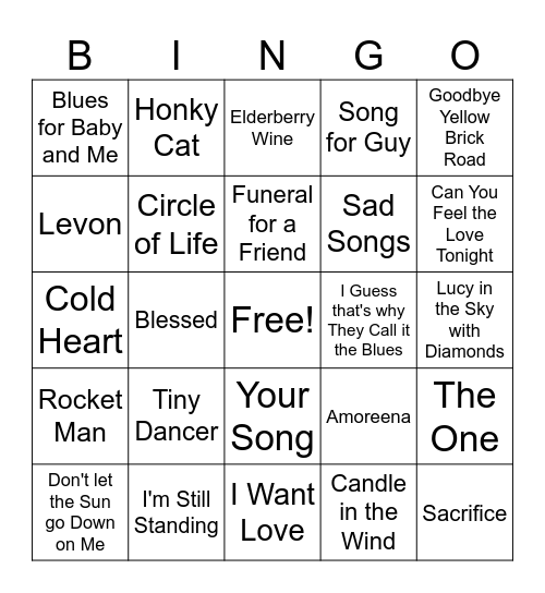 Elton John Bingo Card