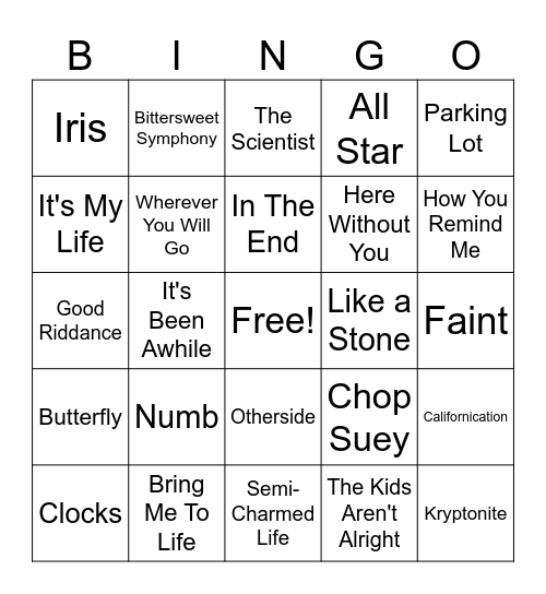 90's- 00's Rock Bingo Card