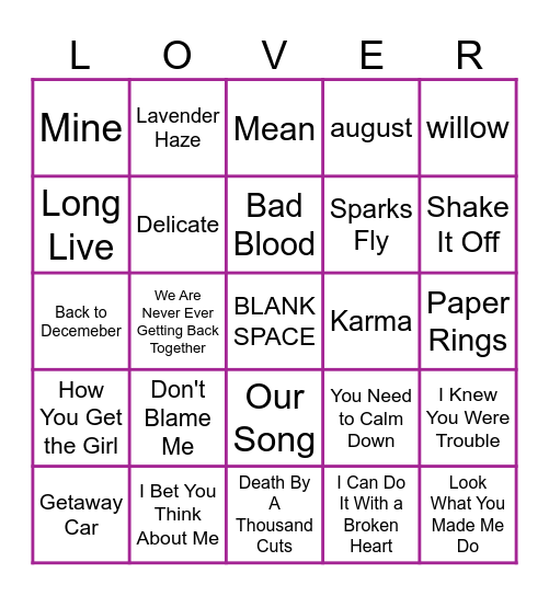 TAYLOR SWIFT BINGO Card