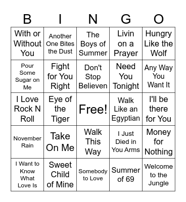 80's Rock Bingo Card