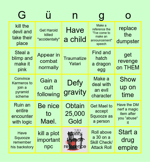 Squooze Bingo Card