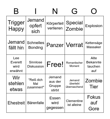 The Walking Dead Game Bingo Card