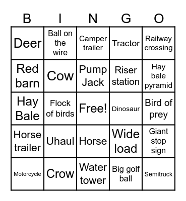 Prairie Road Trip Bingo Card