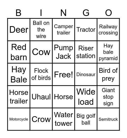 Prairie Road Trip Bingo Card