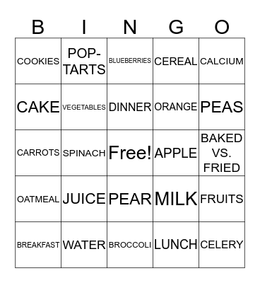 NUTRITION Bingo Card