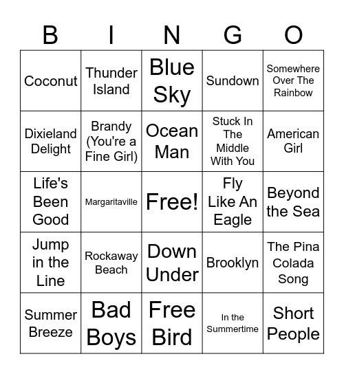 Beach Day Tunes Bingo Card