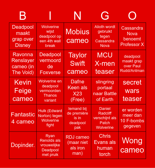 DEADPOOL 3 BINGO Card