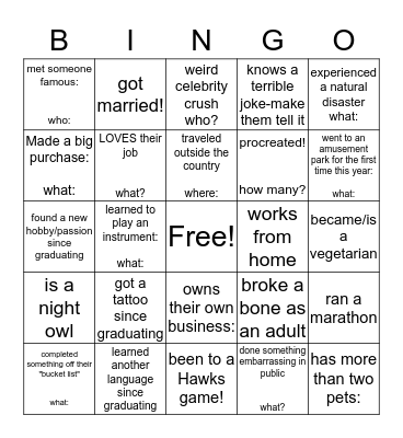 Get to (re)know you! Bingo Card