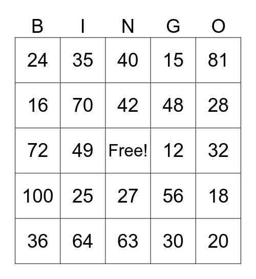 Multiplication Bingo Card