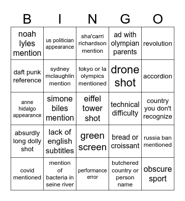 opening ceremony bingo Card