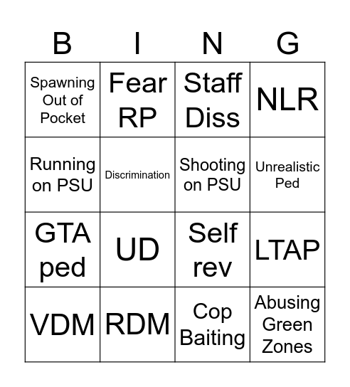 FiveM rule break bingo Card