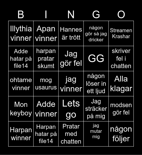 Scarsets streams Bingo Card