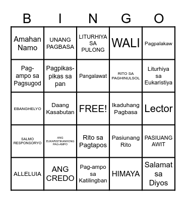 PARTS OF THE MASS Bingo Card