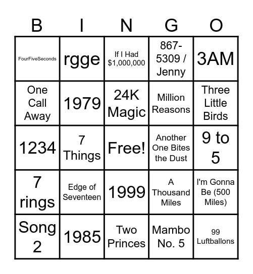 Music Bingo - Numbers Bingo Card