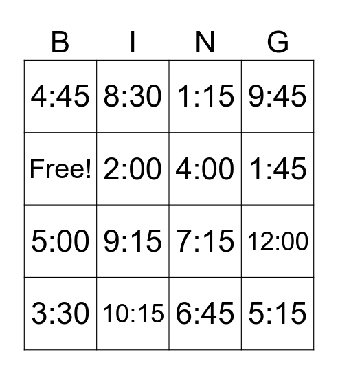 Time Bingo Card