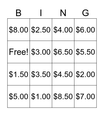 Money Bingo Card