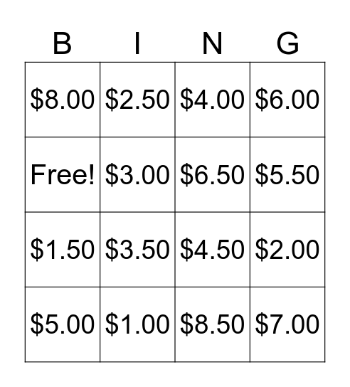 Money Bingo Card