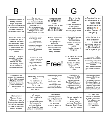 K-pop Idol Bingo Card